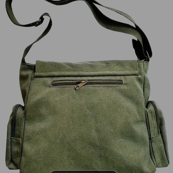 Women’s Vintage Inspired Army Green Canvas Cat Print Messenger Bag - Picture 3 of 12